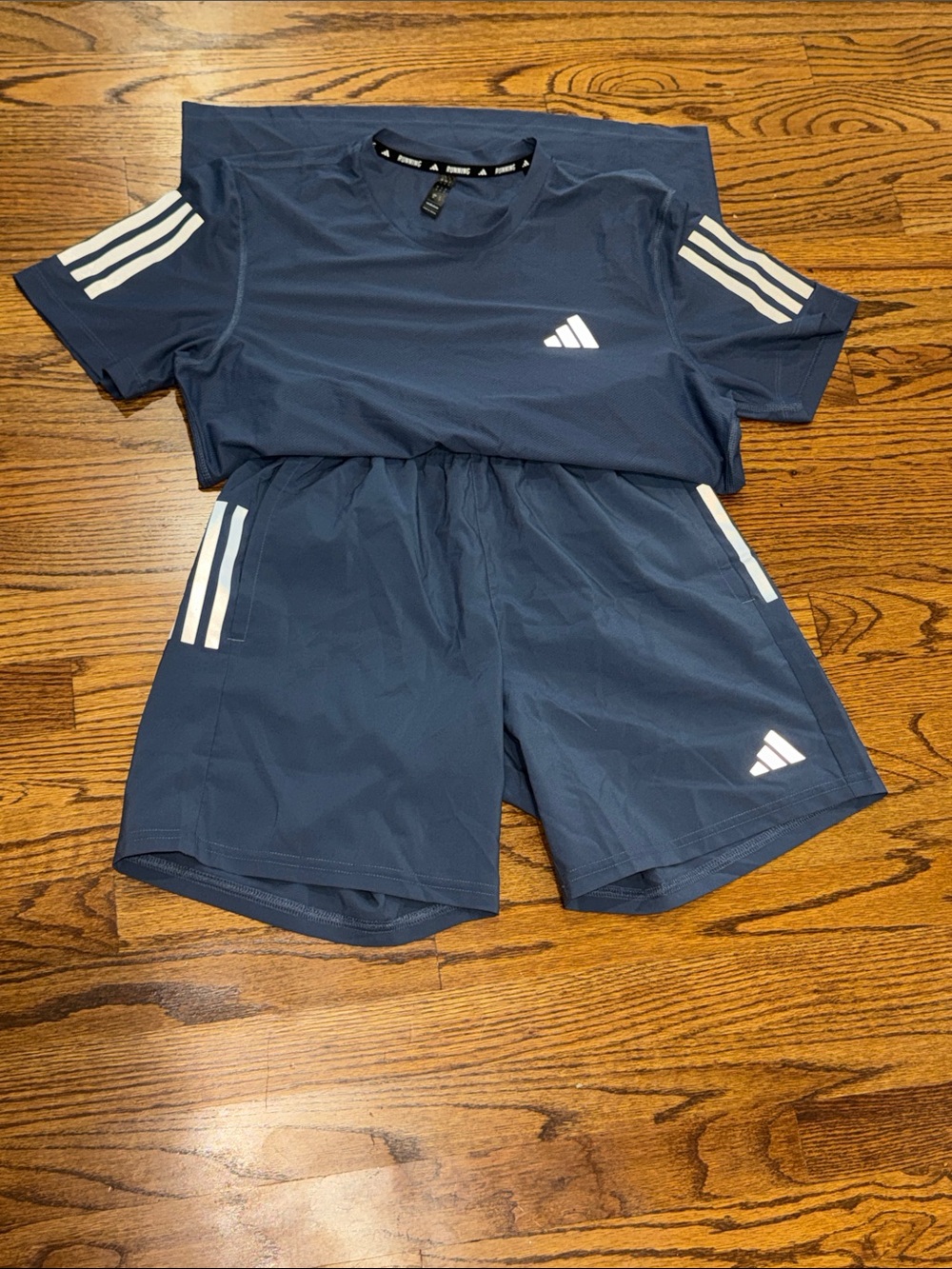 adidas Men’s Navy Athletic Shorts with White Stripes. Inside crotch cut out